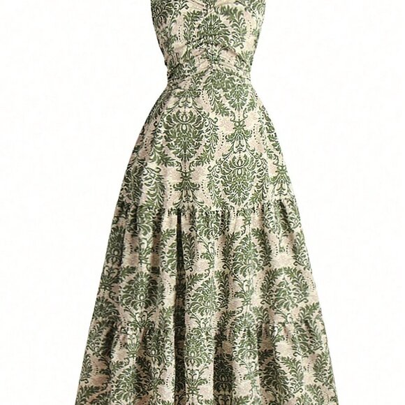 Multicolor Boho Women's Spaghetti Strap Leaf Print Ruffle Hem Maxi Slip Dress - Picture 5 of 7